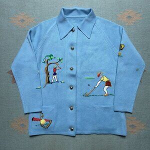 Vintage 1960s 70s knit sweater Cowichan golf embroidered cardigan adult S/M